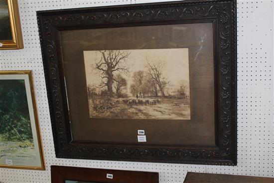 Victorian monochrome watercolour of figures driving sheep